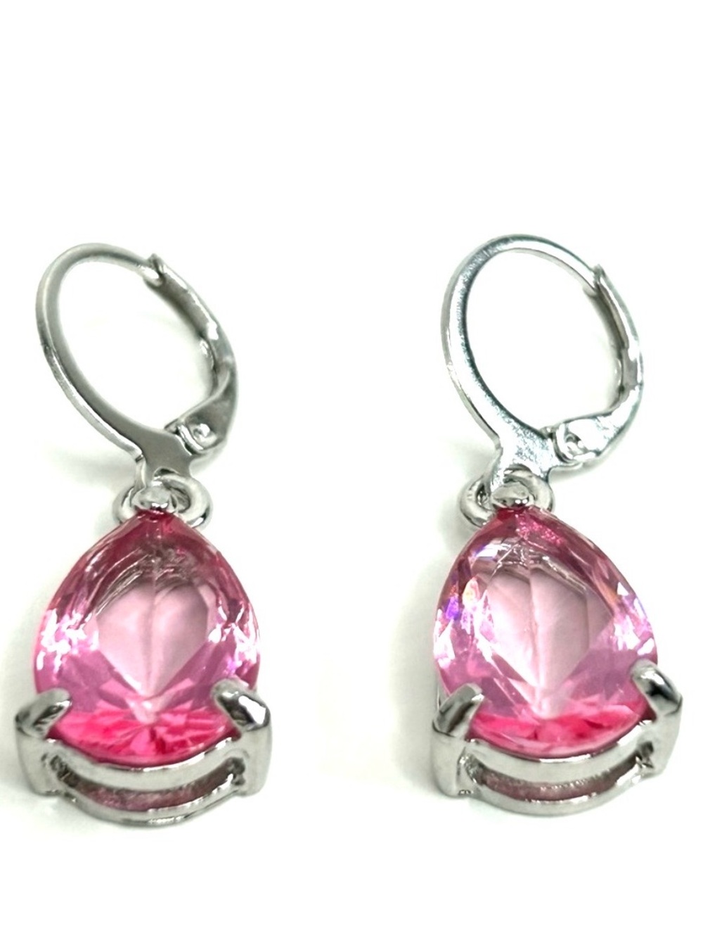 Pink Glass Tear Drop Silver Tone Earrings
